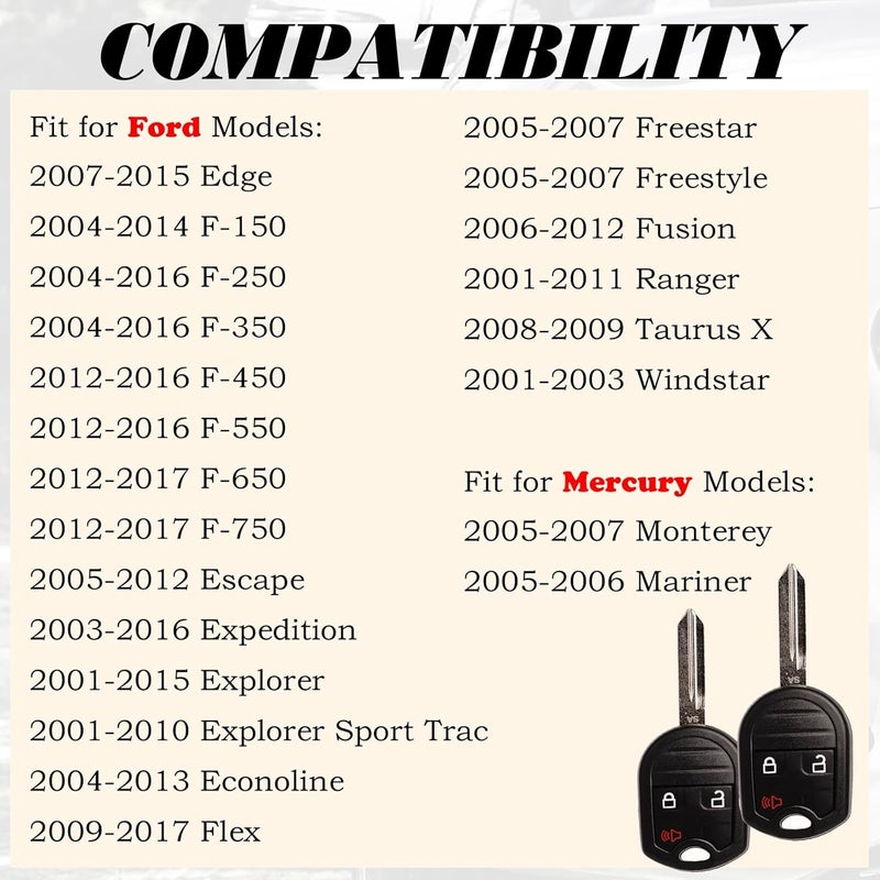 MechanMagic بديل مفتاح السيارة يناسب CWTWB1U793 فورد F-150 2004-2014 F-250 F-350 F-450 فليكس 2009-2017 إكسبلورر 2001-2015 إيسكيب رينجر فيوجن إكونولين ميركوري تحكم عن بعد بدون مفتاح 2 مجموعة - Image 3